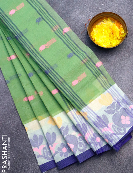 Bengal cotton saree pastel green and blue with thread woven buttas and thread woven border without blouse