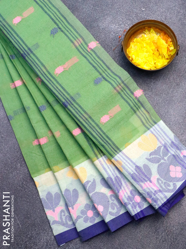 Bengal cotton saree pastel green and blue with thread woven buttas and thread woven border without blouse