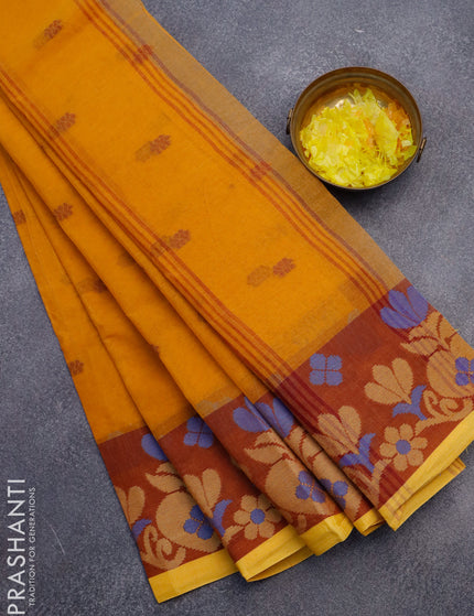 Bengal cotton saree mustard yellow and maroon with thread woven buttas and thread woven border without blouse