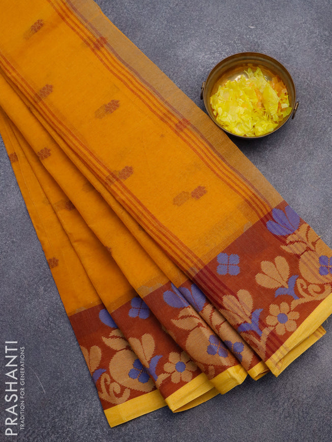 Bengal cotton saree mustard yellow and maroon with thread woven buttas and thread woven border without blouse