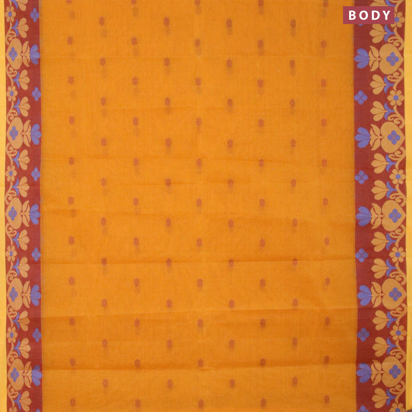 Bengal cotton saree mustard yellow and maroon with thread woven buttas and thread woven border without blouse