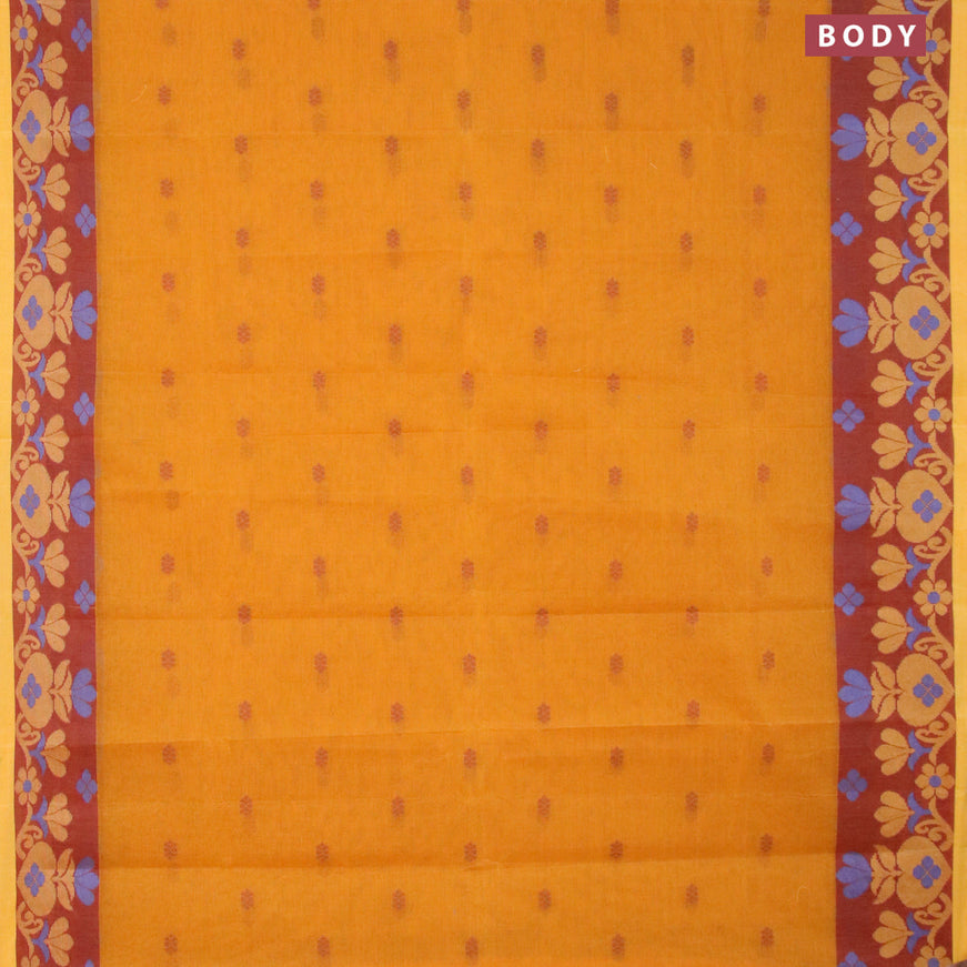 Bengal cotton saree mustard yellow and maroon with thread woven buttas and thread woven border without blouse