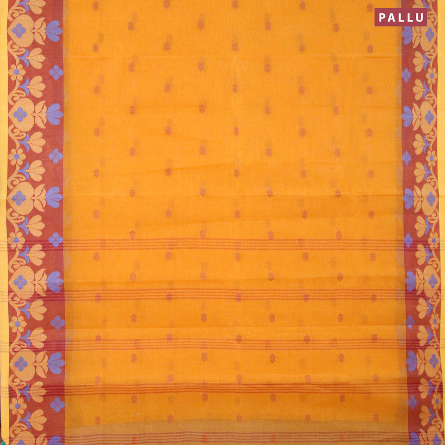 Bengal cotton saree mustard yellow and maroon with thread woven buttas and thread woven border without blouse