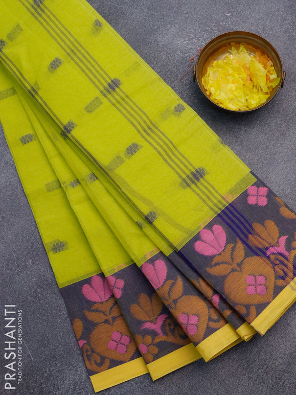 Bengal cotton saree fluorescent green and blue with thread woven buttas and thread woven border without blouse