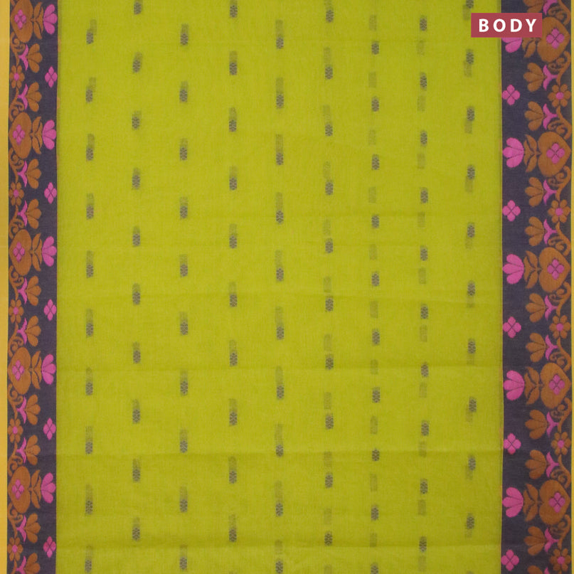 Bengal cotton saree fluorescent green and blue with thread woven buttas and thread woven border without blouse