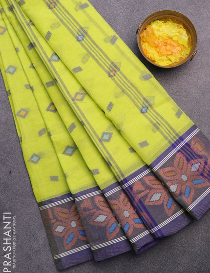 Bengal cotton saree fluorescent green and blue with thread woven buttas and copper zari woven border without blouse