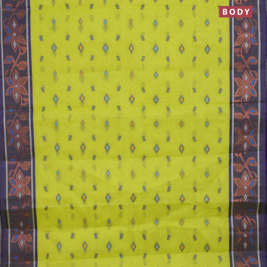 Bengal cotton saree fluorescent green and blue with thread woven buttas and copper zari woven border without blouse