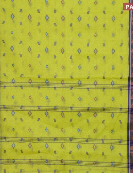 Bengal cotton saree fluorescent green and blue with thread woven buttas and copper zari woven border without blouse