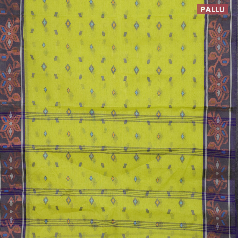 Bengal cotton saree fluorescent green and blue with thread woven buttas and copper zari woven border without blouse