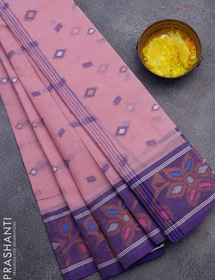 Bengal cotton saree pastel pink and blue with thread woven buttas and copper zari woven border without blouse