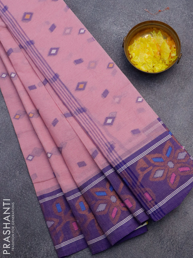 Bengal cotton saree pastel pink and blue with thread woven buttas and copper zari woven border without blouse