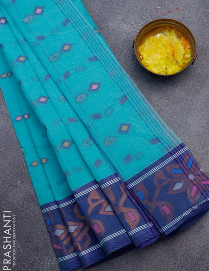 Bengal cotton saree teal blue and blue with thread woven buttas and copper zari woven border without blouse