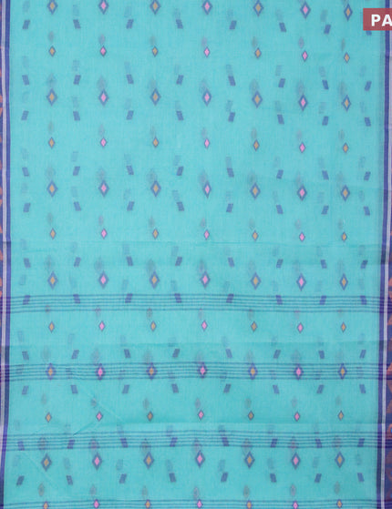 Bengal cotton saree teal blue and blue with thread woven buttas and copper zari woven border without blouse