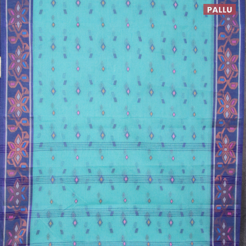 Bengal cotton saree teal blue and blue with thread woven buttas and copper zari woven border without blouse