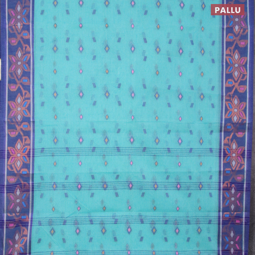 Bengal cotton saree teal blue and blue with thread woven buttas and copper zari woven border without blouse