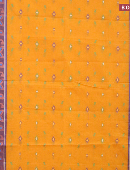 Bengal cotton saree mustard yellow and blue with thread woven buttas and copper zari woven border without blouse