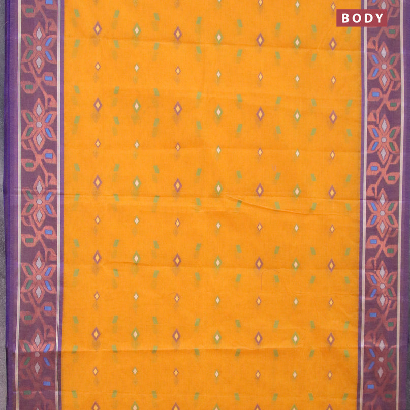 Bengal cotton saree mustard yellow and blue with thread woven buttas and copper zari woven border without blouse