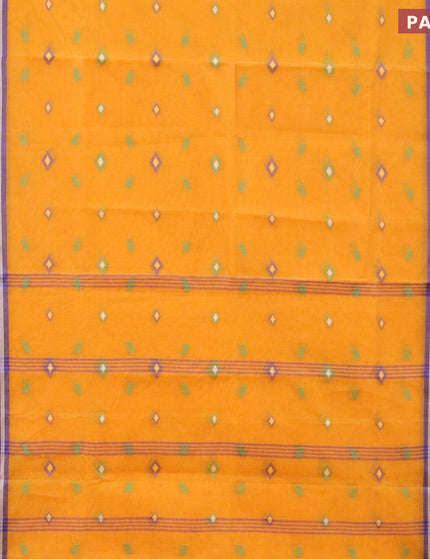 Bengal cotton saree mustard yellow and blue with thread woven buttas and copper zari woven border without blouse