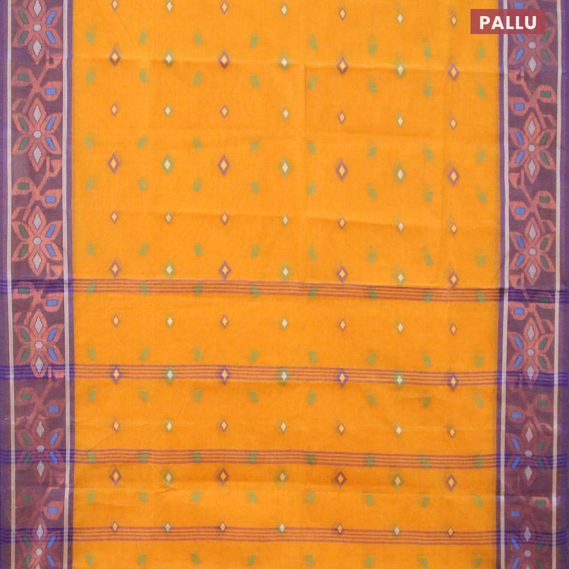 Bengal cotton saree mustard yellow and blue with thread woven buttas and copper zari woven border without blouse