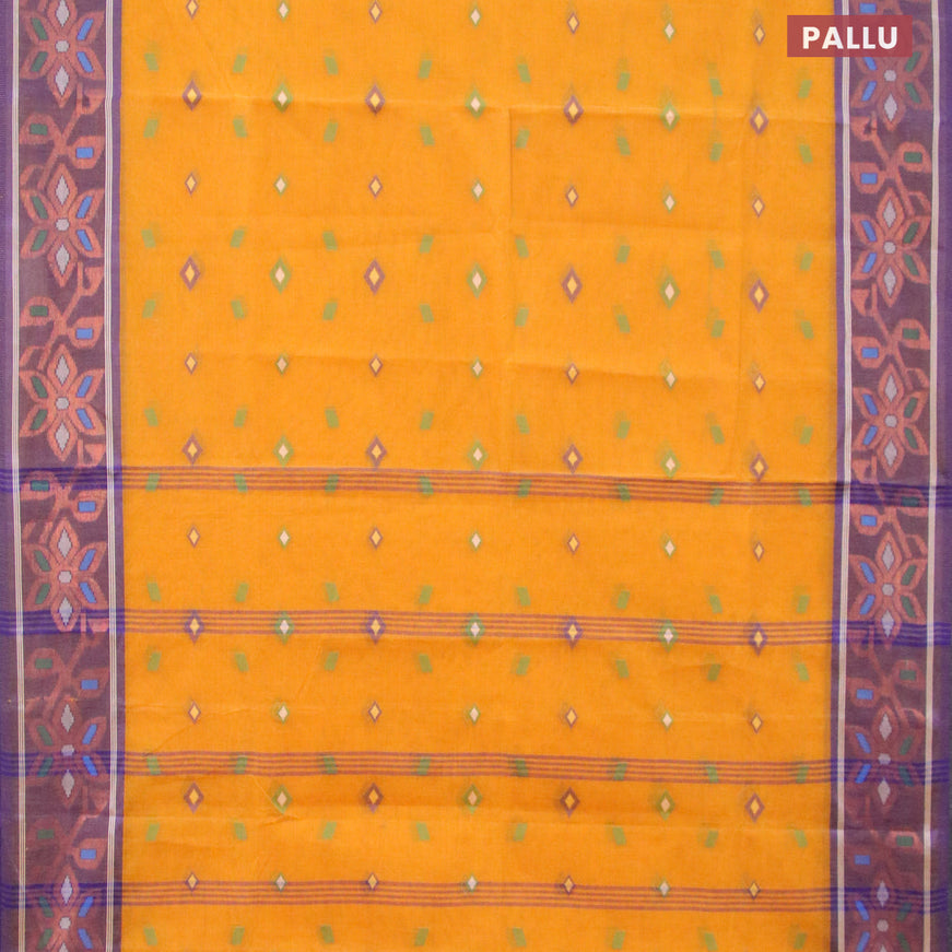 Bengal cotton saree mustard yellow and blue with thread woven buttas and copper zari woven border without blouse