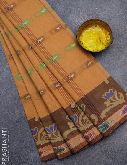 Bengal cotton saree sandal and brown with thread woven buttas and thread woven ikat border without blouse