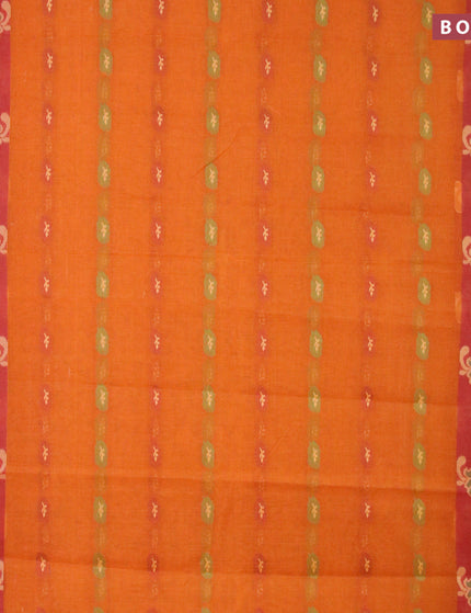 Bengal cotton saree dark mustard and rust shade with thread woven buttas and thread woven ikat border without blouse