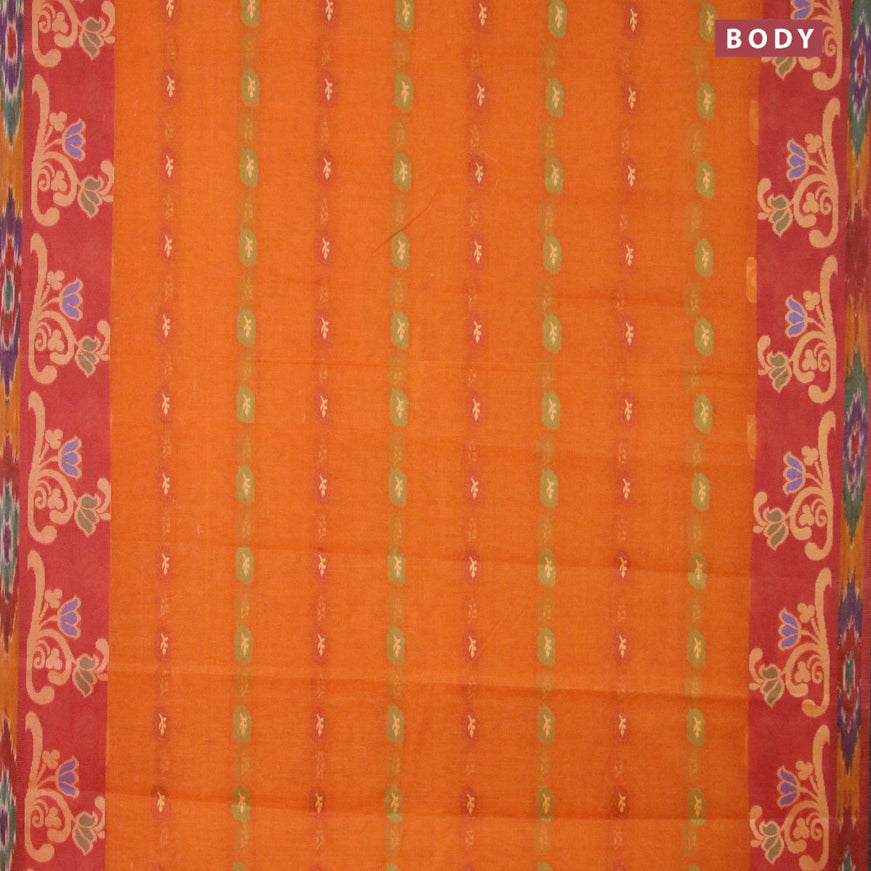 Bengal cotton saree dark mustard and rust shade with thread woven buttas and thread woven ikat border without blouse