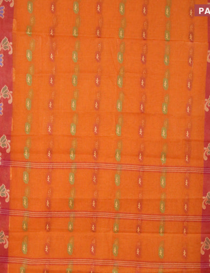 Bengal cotton saree dark mustard and rust shade with thread woven buttas and thread woven ikat border without blouse