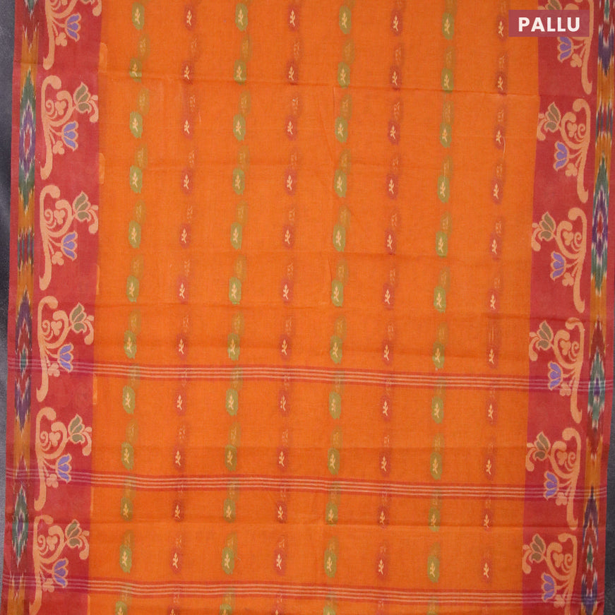 Bengal cotton saree dark mustard and rust shade with thread woven buttas and thread woven ikat border without blouse