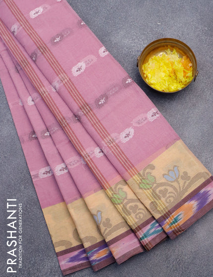 Bengal cotton saree mauve pink and sandal with thread woven buttas and thread woven ikat border without blouse