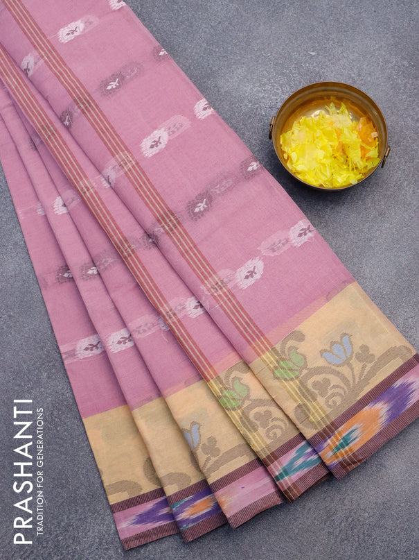 Bengal cotton saree mauve pink and sandal with thread woven buttas and thread woven ikat border without blouse