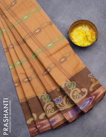 Bengal cotton saree sandal and brown with thread woven buttas and thread woven ikat border without blouse