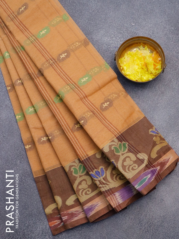 Bengal cotton saree sandal and brown with thread woven buttas and thread woven ikat border without blouse