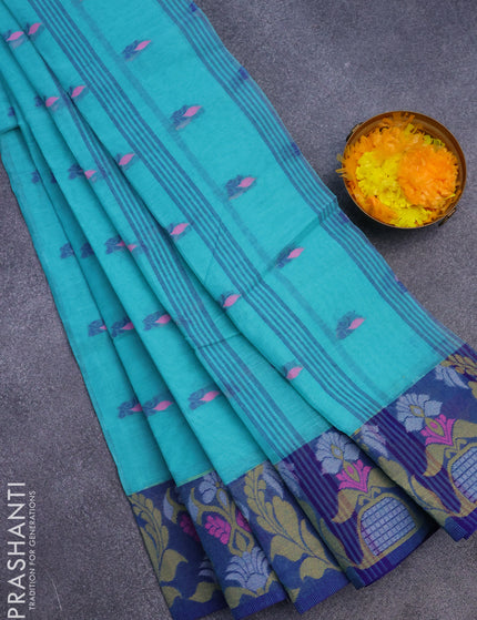 Bengal cotton saree teal blue and blue with thread woven buttas and thread woven border without blouse