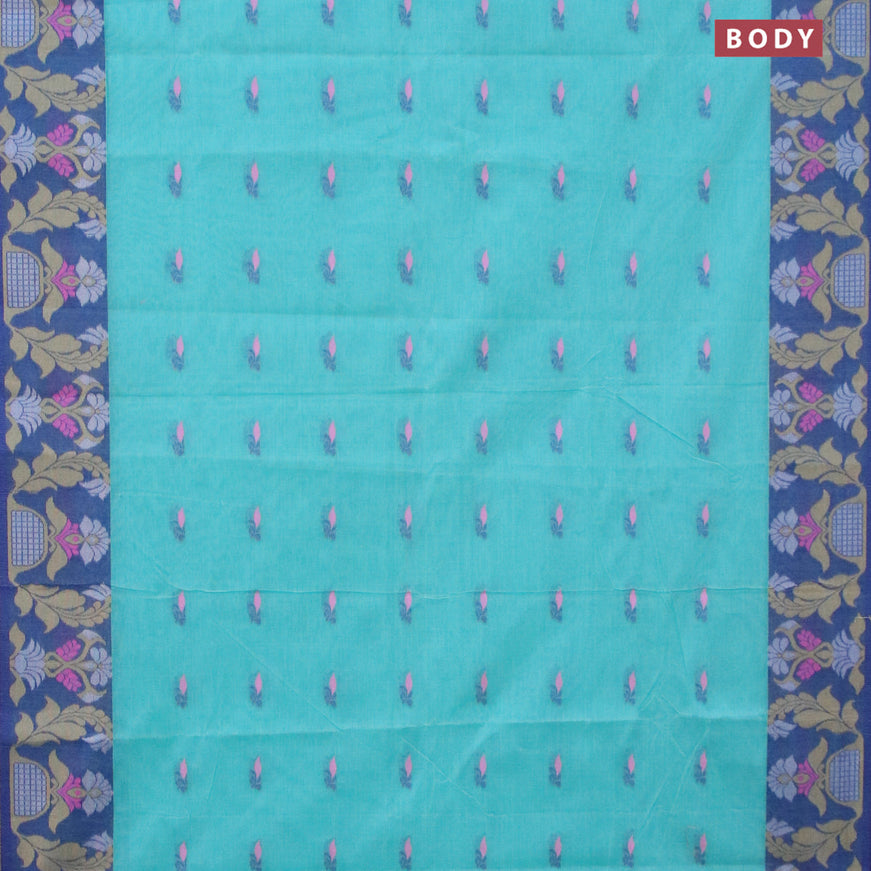 Bengal cotton saree teal blue and blue with thread woven buttas and thread woven border without blouse