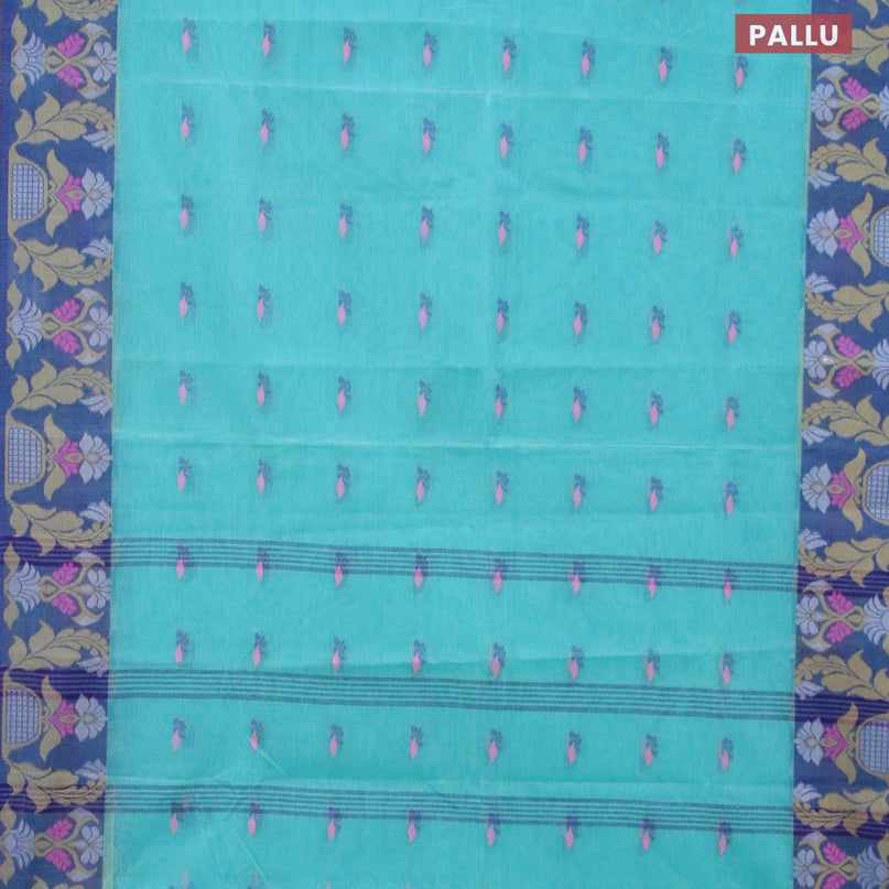 Bengal cotton saree teal blue and blue with thread woven buttas and thread woven border without blouse