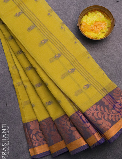 Bengal cotton saree yellow and blue with thread woven buttas and copper zari woven border without blouse