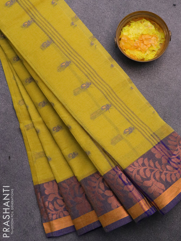 Bengal cotton saree yellow and blue with thread woven buttas and copper zari woven border without blouse