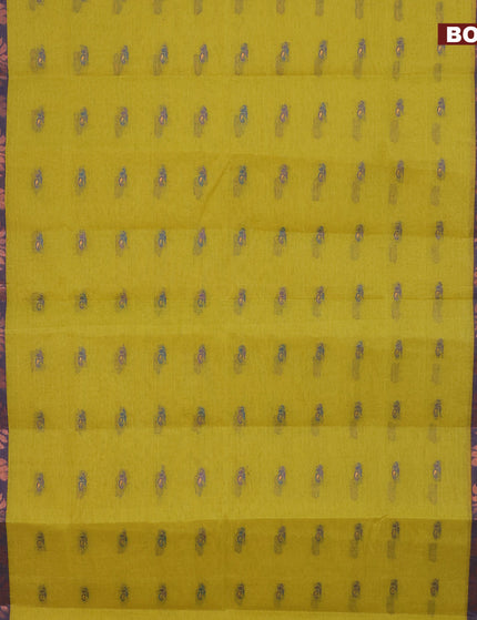 Bengal cotton saree yellow and blue with thread woven buttas and copper zari woven border without blouse