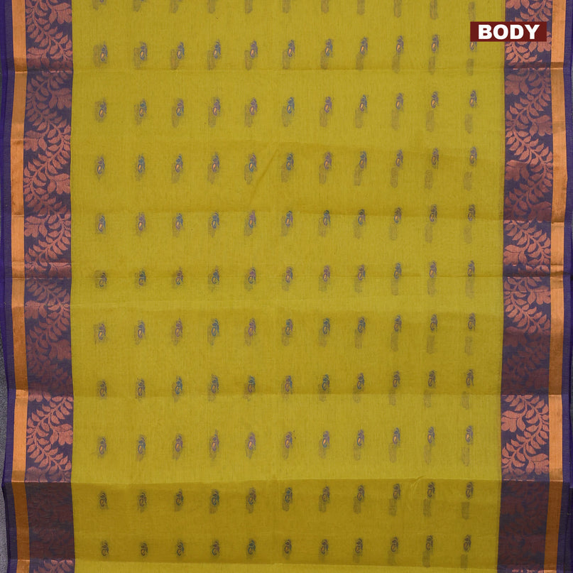 Bengal cotton saree yellow and blue with thread woven buttas and copper zari woven border without blouse