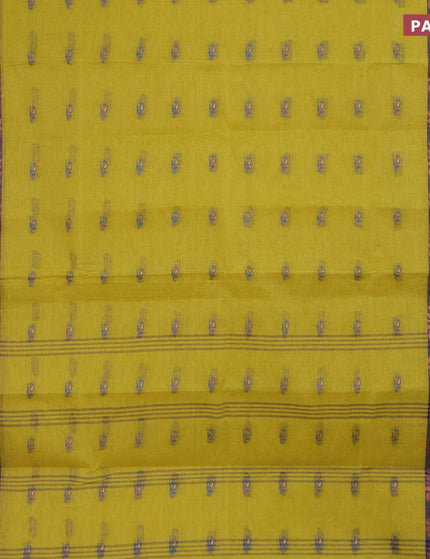 Bengal cotton saree yellow and blue with thread woven buttas and copper zari woven border without blouse