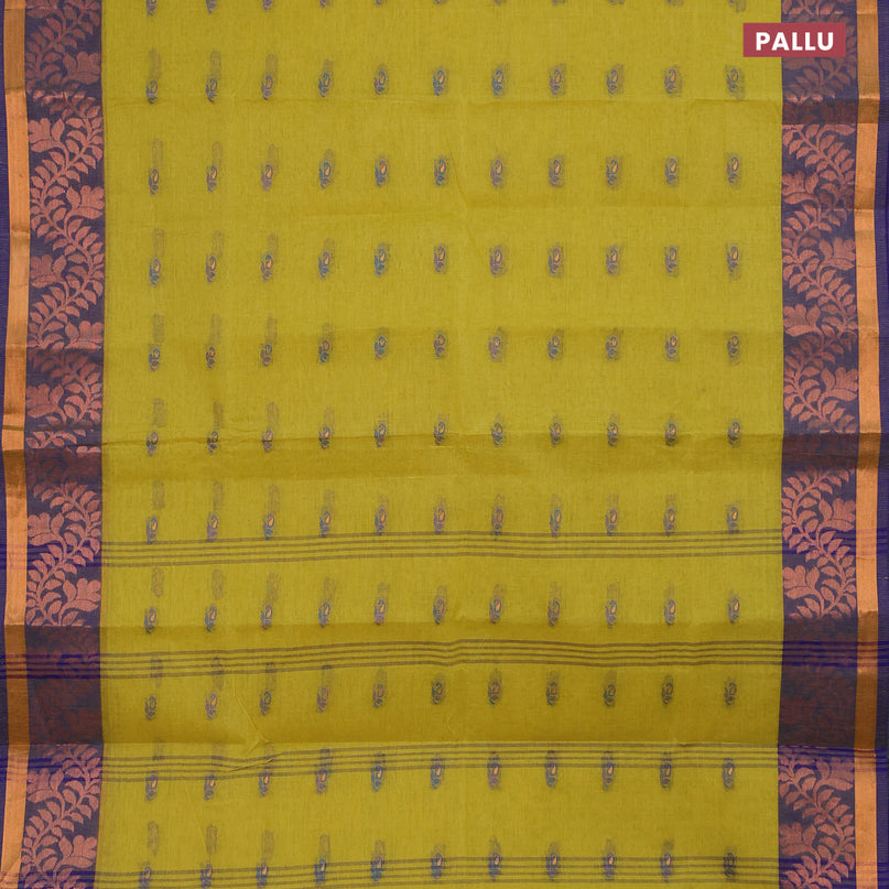 Bengal cotton saree yellow and blue with thread woven buttas and copper zari woven border without blouse