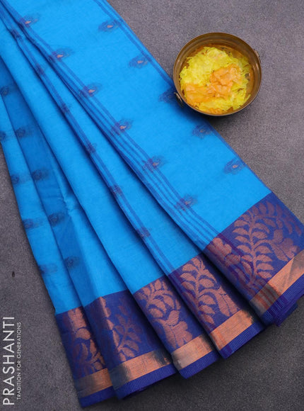 Bengal cotton saree cs blue and blue with thread woven buttas and copper zari woven border without blouse