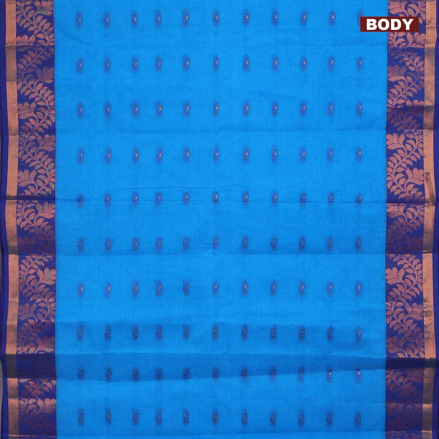 Bengal cotton saree cs blue and blue with thread woven buttas and copper zari woven border without blouse