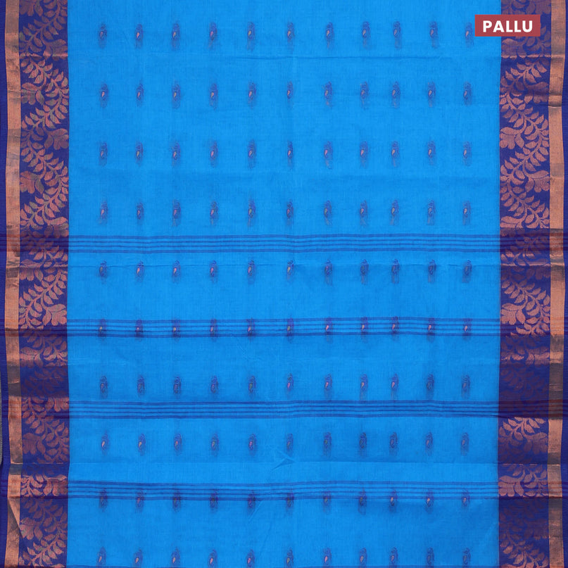 Bengal cotton saree cs blue and blue with thread woven buttas and copper zari woven border without blouse