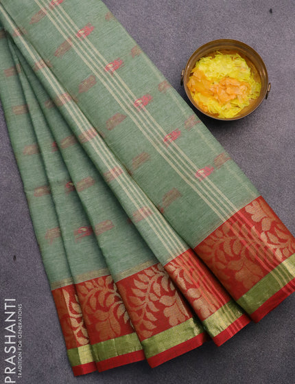 Bengal cotton saree green shade and red with thread woven buttas and copper zari woven border without blouse