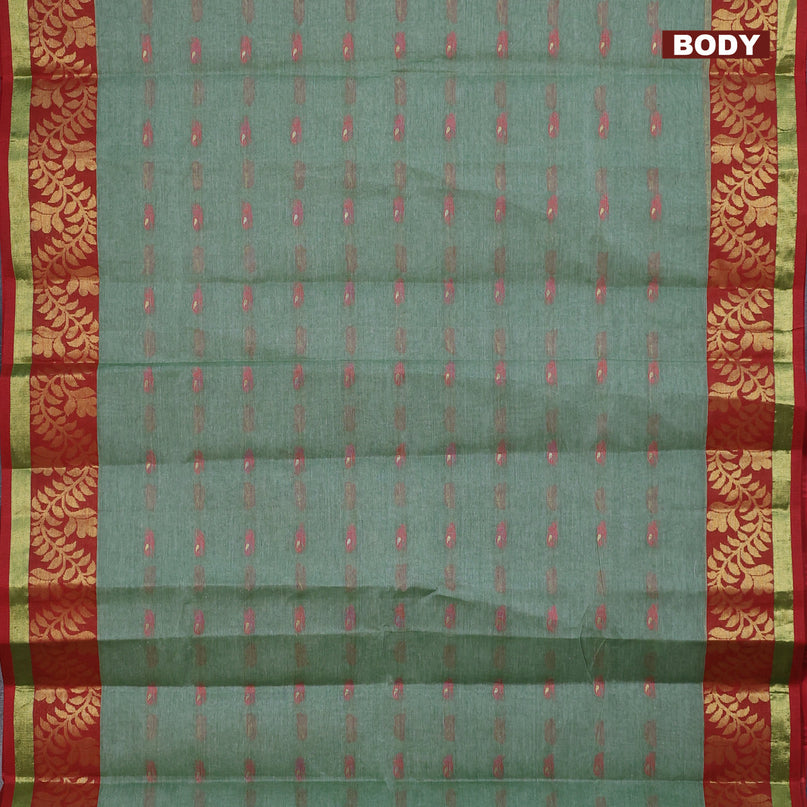 Bengal cotton saree green shade and red with thread woven buttas and copper zari woven border without blouse