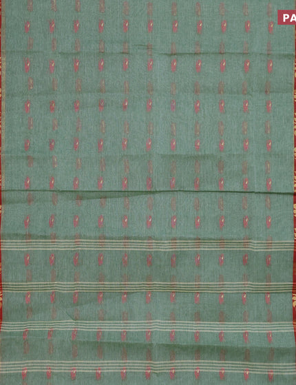 Bengal cotton saree green shade and red with thread woven buttas and copper zari woven border without blouse