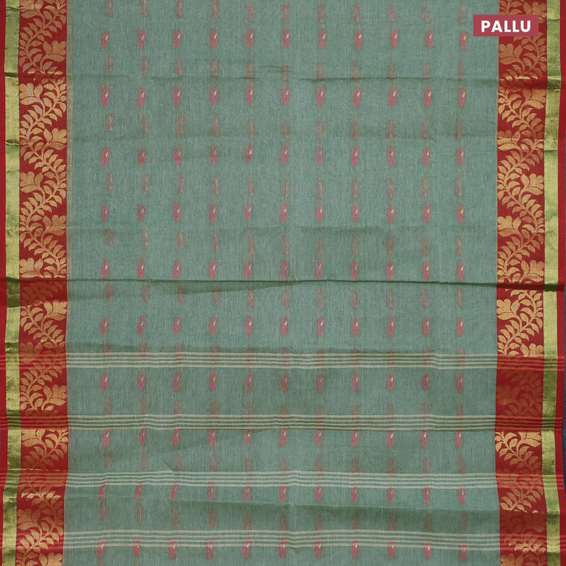 Bengal cotton saree green shade and red with thread woven buttas and copper zari woven border without blouse