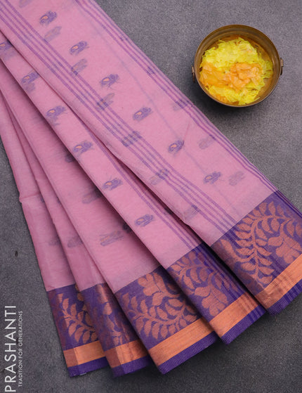 Bengal cotton saree pastel pink and blue with thread woven buttas and copper zari woven border without blouse